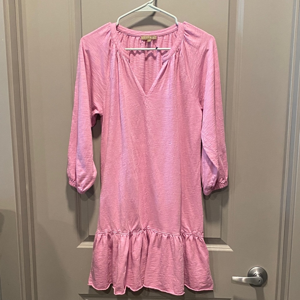 Lilla P Knit Dress Small Pink Pima Cotton Modal Ruffle Hem Casual
